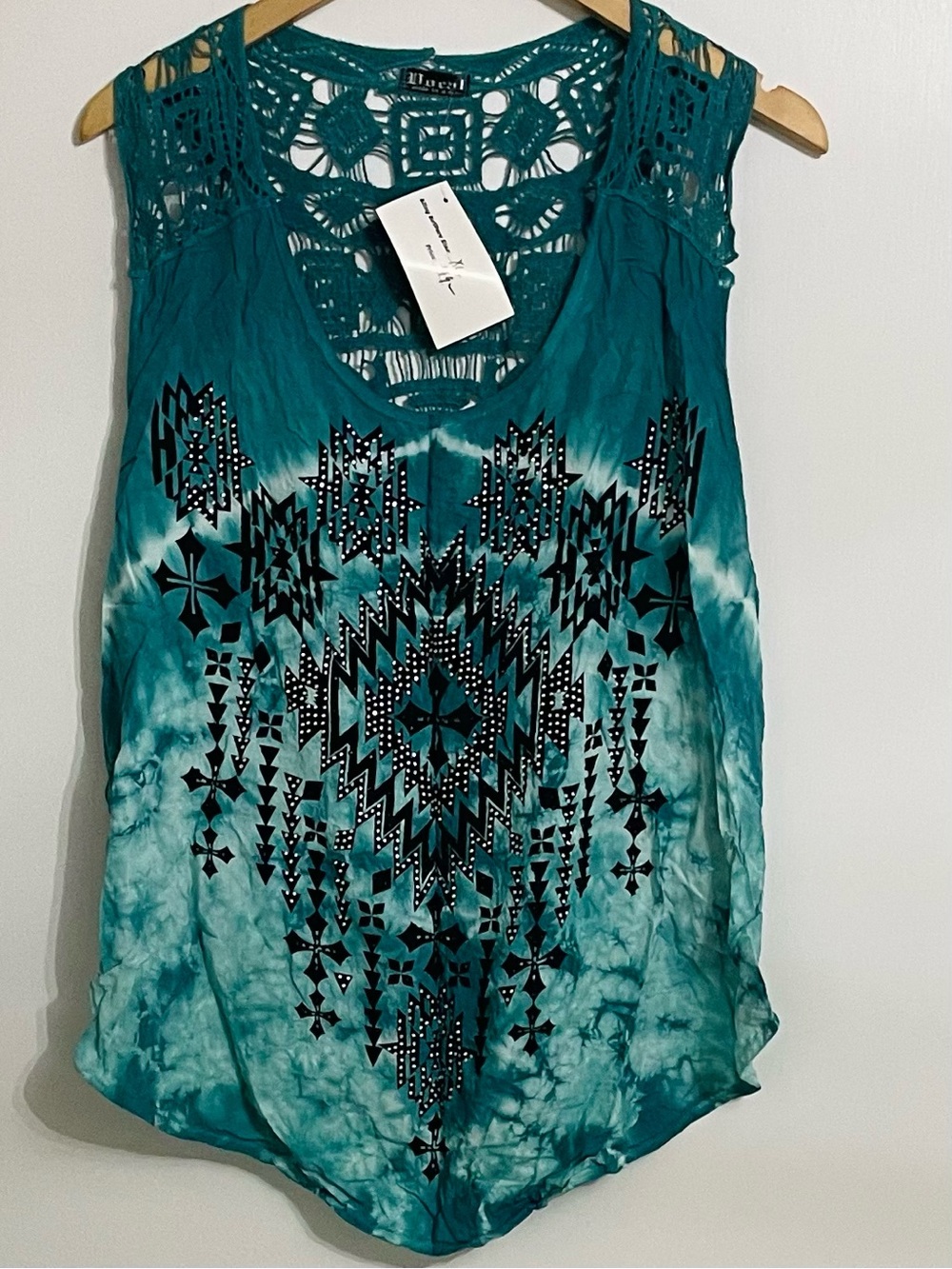 Vocal Teal Crochet Yoke Tie-Dye Tank with Black Aztec Print